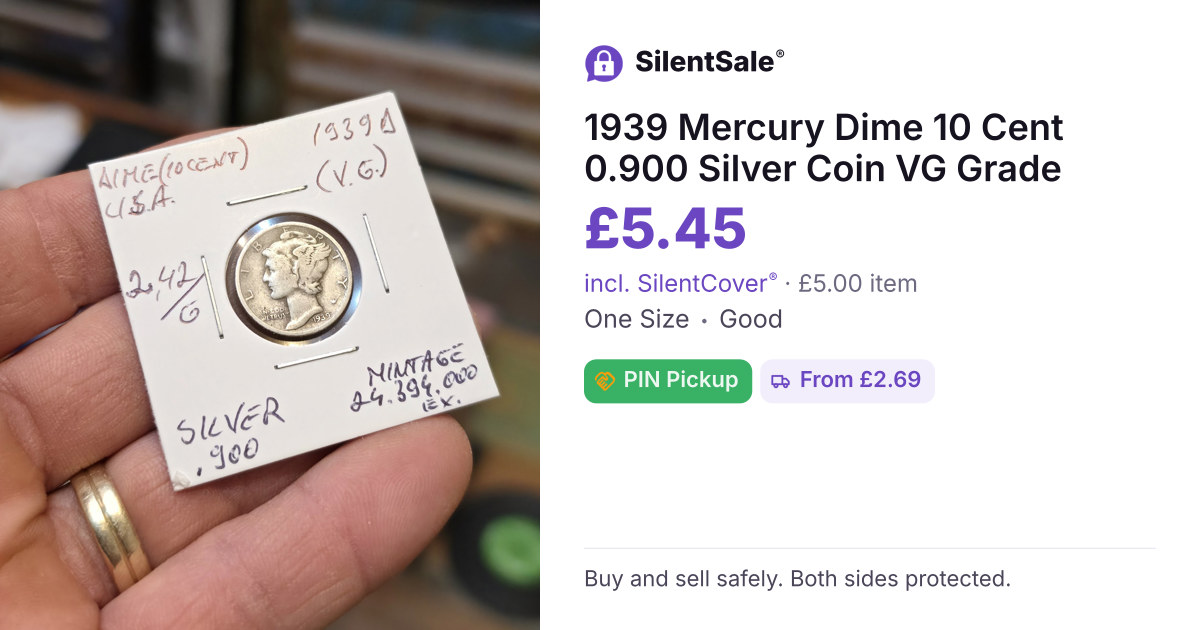 1939 Mercury Dime 10 Cent 0.900 Silver Coin VG Grade