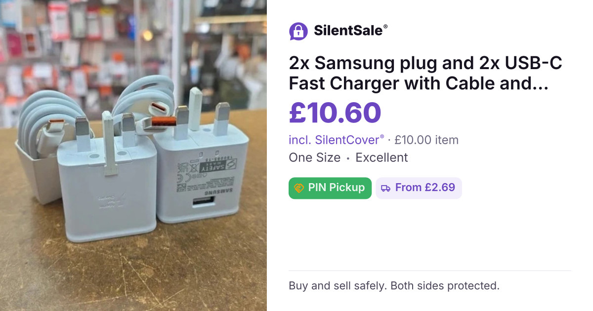 2x Samsung plug and 2x USB-C Fast Charger with Cable and UK Plug