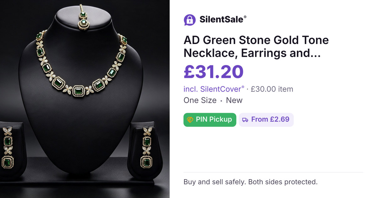 AD Green Stone Gold Tone Necklace, Earrings and Pendant Set