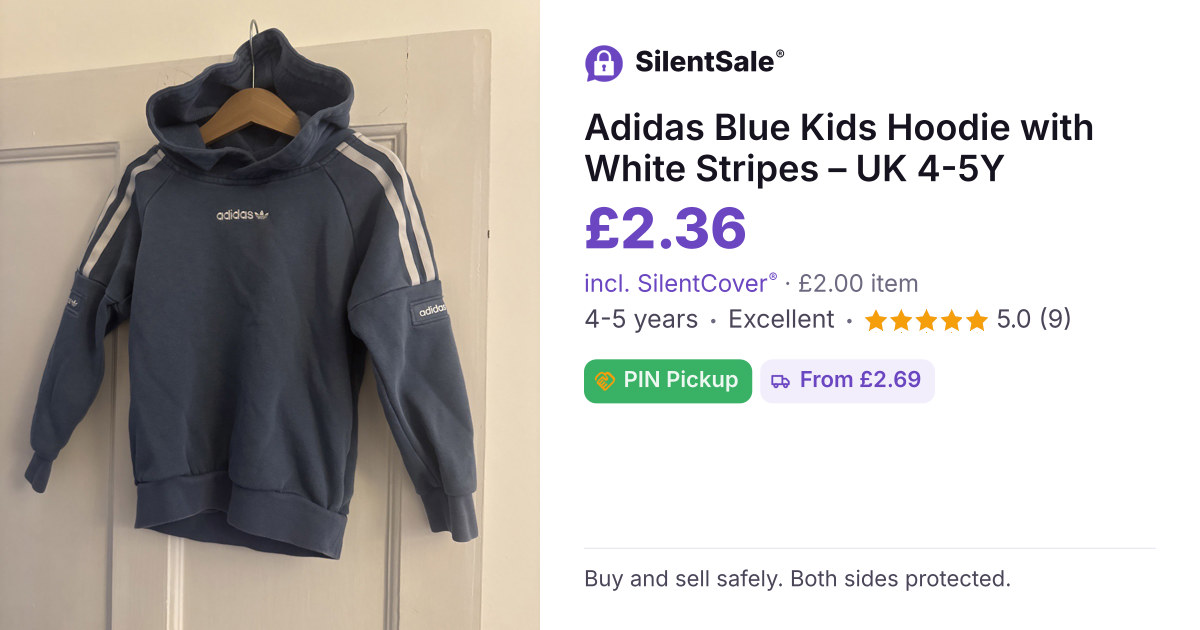 Adidas Blue Kids Hoodie with White Stripes – UK 4-5Y