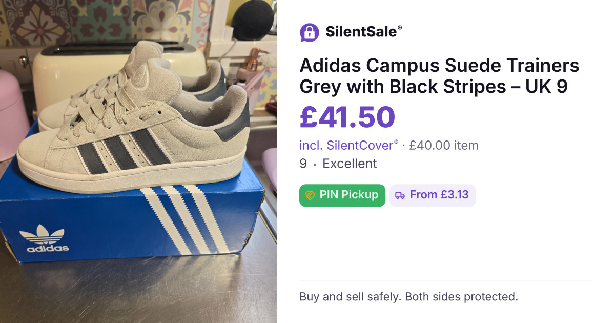 Adidas Campus Suede Trainers Grey with Black Stripes – UK 9