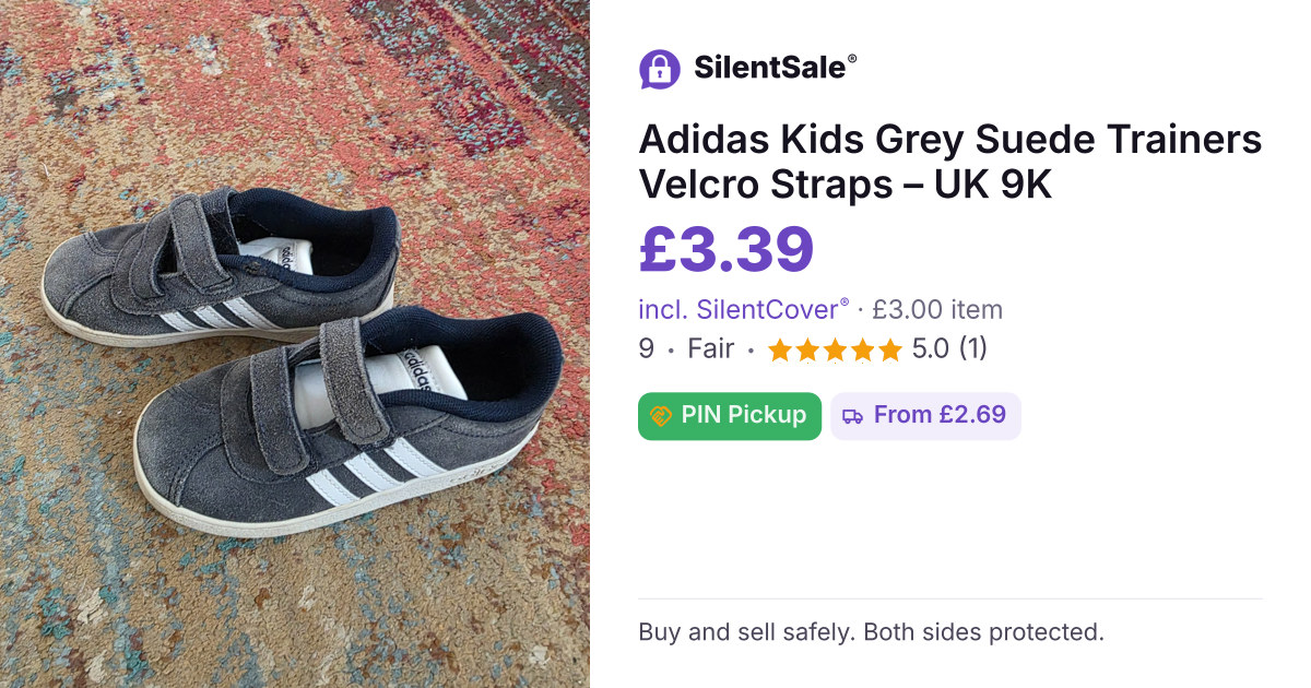 Adidas Kids Grey Suede Trainers Velcro Straps – UK 9K