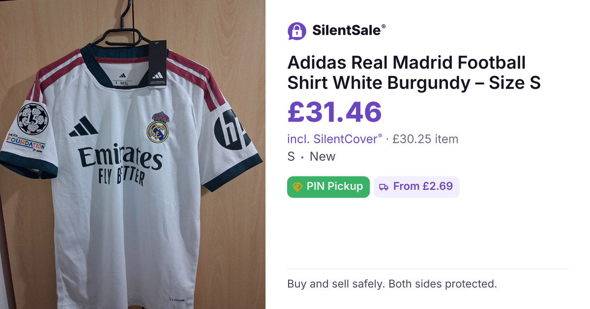Adidas Real Madrid Football Shirt White Burgundy – Size S