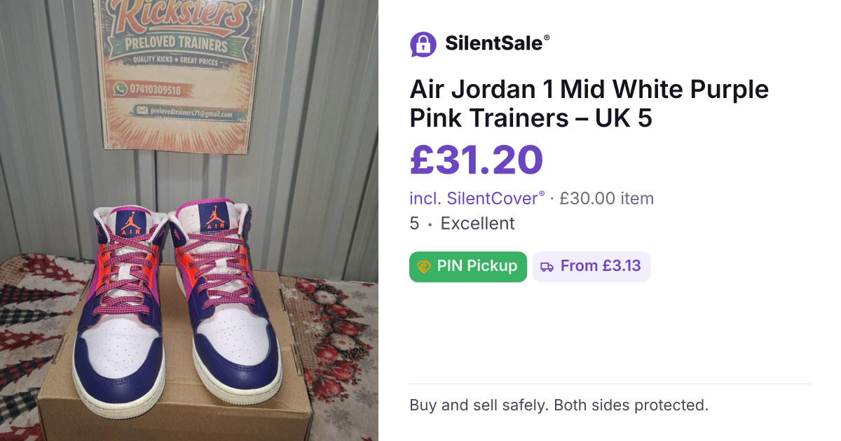 Air Jordan 1 Mid White Purple Pink Trainers – UK 5