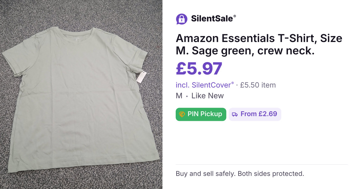 Amazon Essentials T-Shirt, Size M. Sage green, crew neck.