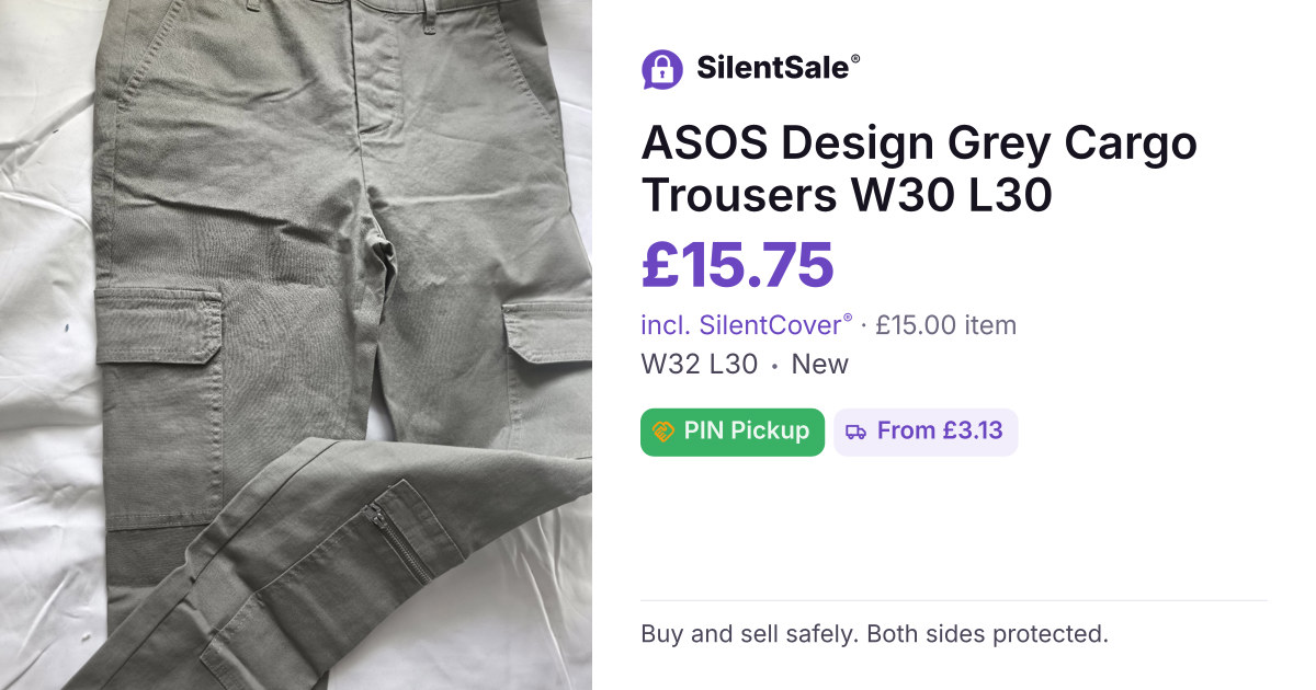 ASOS Design Grey Cargo Trousers W30 L30