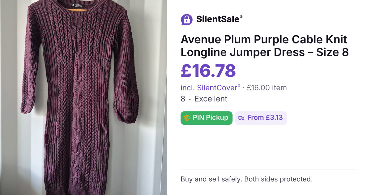 Avenue Plum Purple Cable Knit Longline Jumper Dress – Size 8