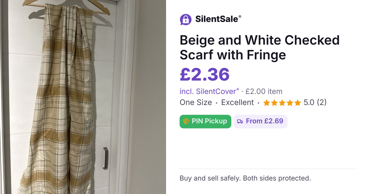 Beige and White Checked Scarf with Fringe