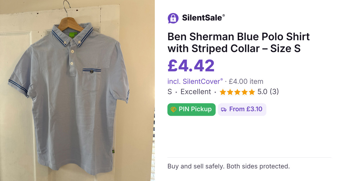 Ben Sherman Blue Polo Shirt with Striped Collar – Size S