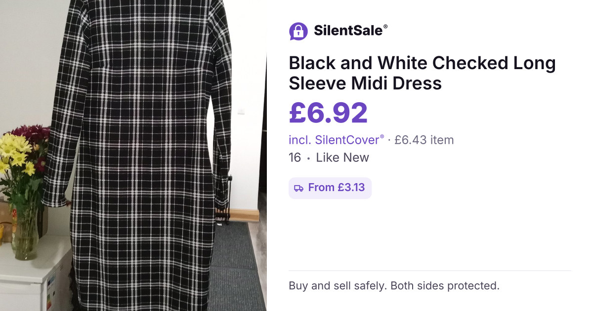 Black and White Checked Long Sleeve Midi Dress