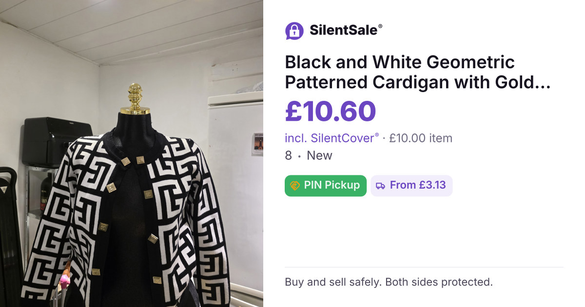 Black and White Geometric Patterned Cardigan with Gold Buttons