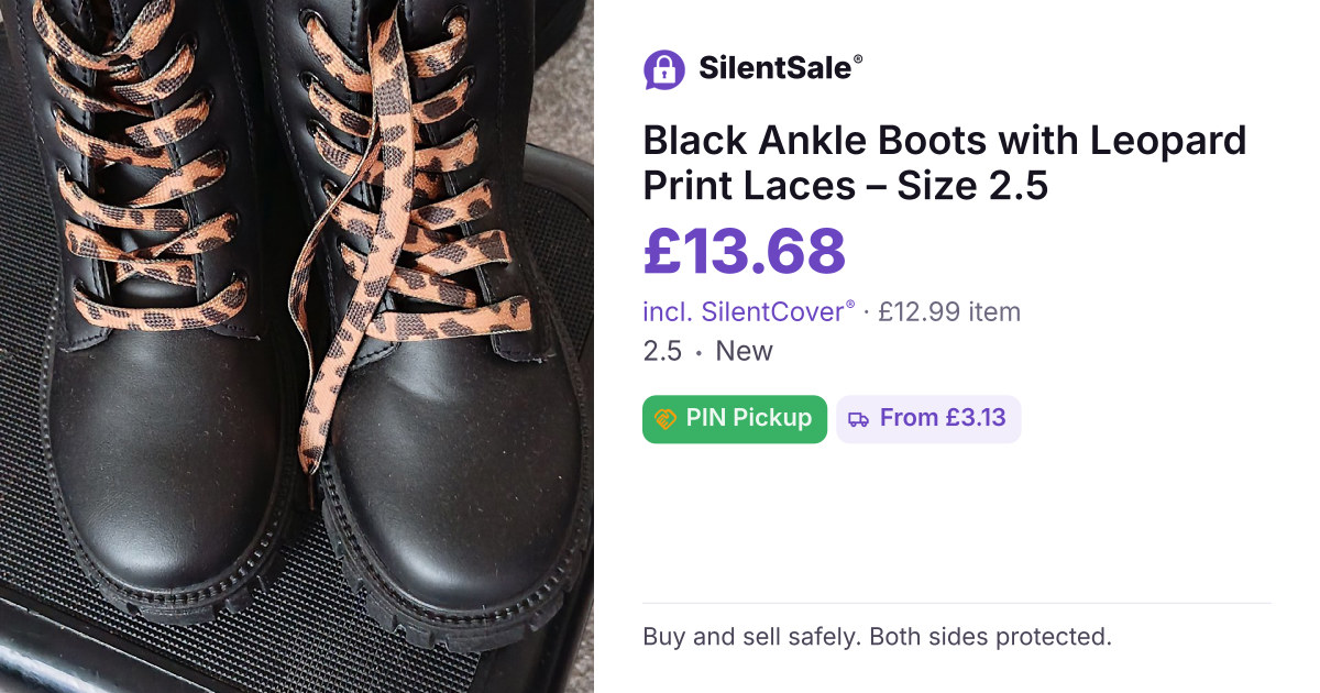 Black Ankle Boots with Leopard Print Laces – Size 2.5