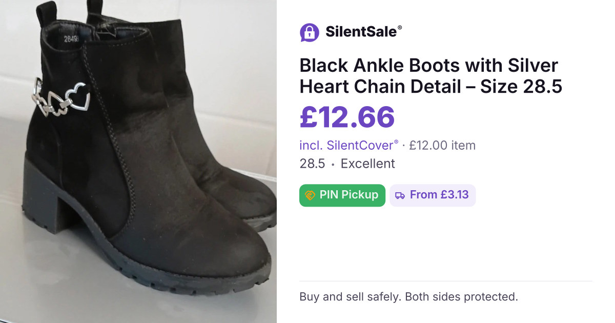 Black Ankle Boots with Silver Heart Chain Detail – Size 28.5