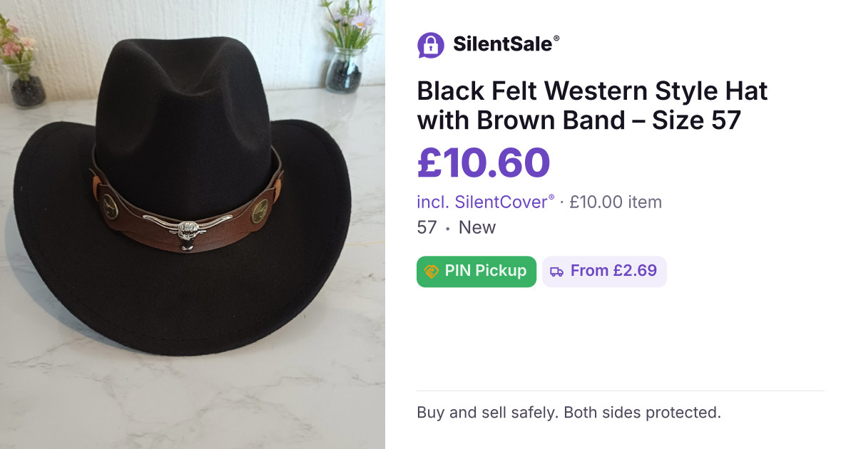 Black Felt Western Style Hat with Brown Band – Size 57