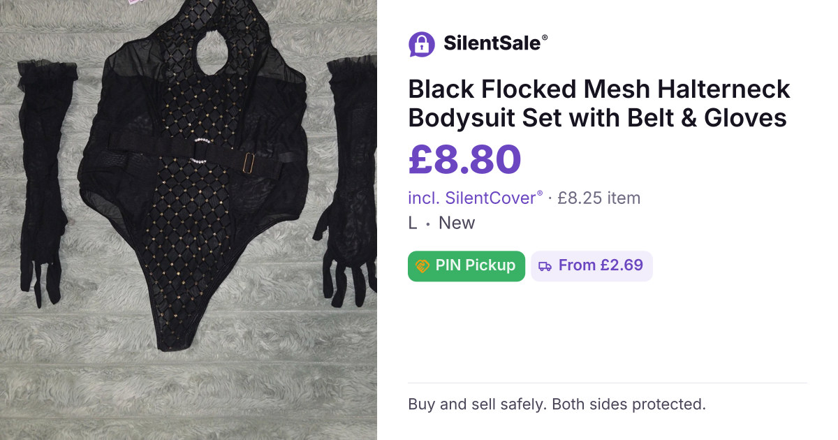 Black Flocked Mesh Halterneck Bodysuit Set with Belt & Gloves