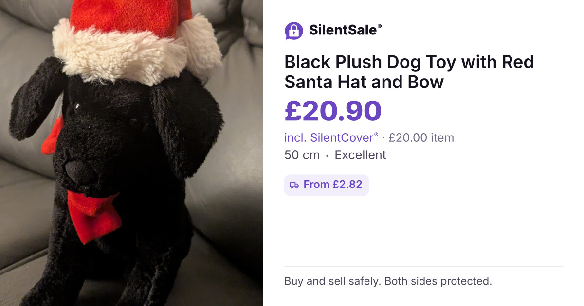 Black Plush Dog Toy with Red Santa Hat and Bow