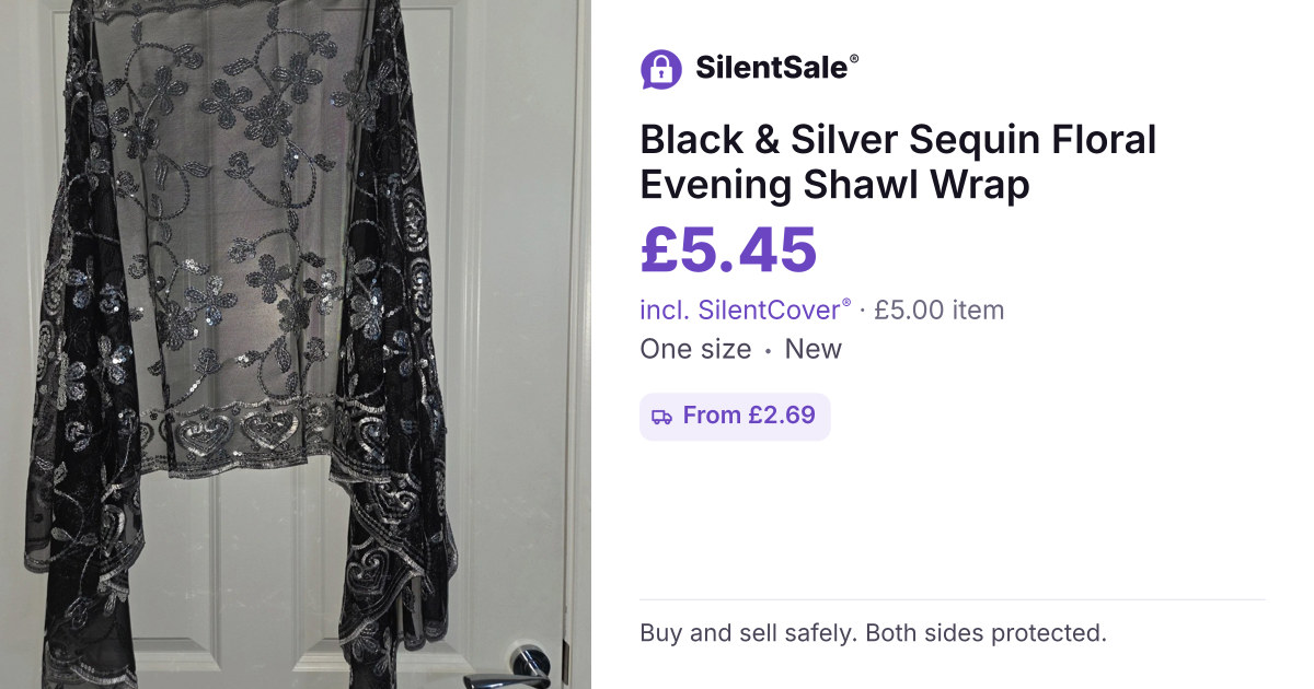 Black & Silver Sequin Floral Evening Shawl Wrap