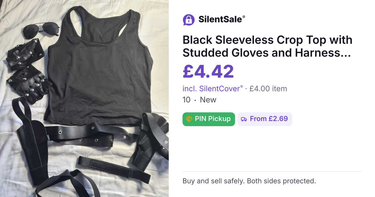 Black Sleeveless Crop Top with Studded Gloves and Harness Belt