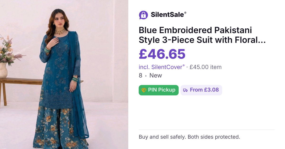 Blue Embroidered Pakistani Style 3-Piece Suit with Floral Print