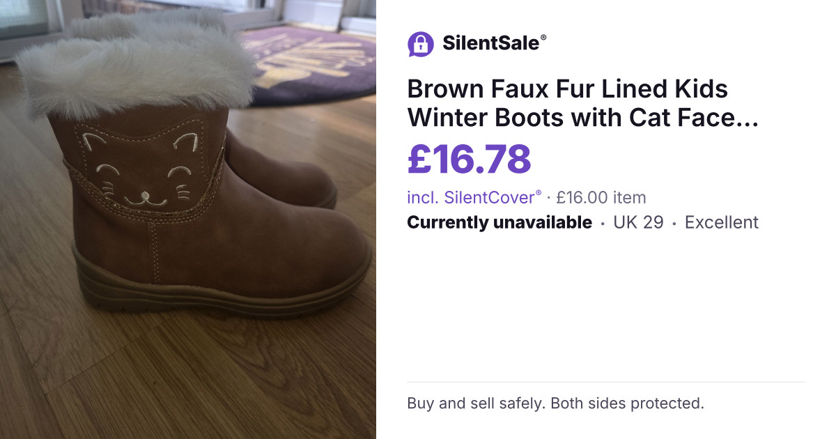 Brown Faux Fur Lined Kids Winter Boots with Cat Face Detail