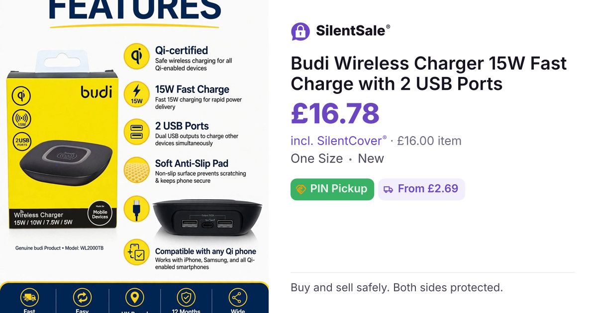 Budi Wireless Charger 15W Fast Charge with 2 USB Ports