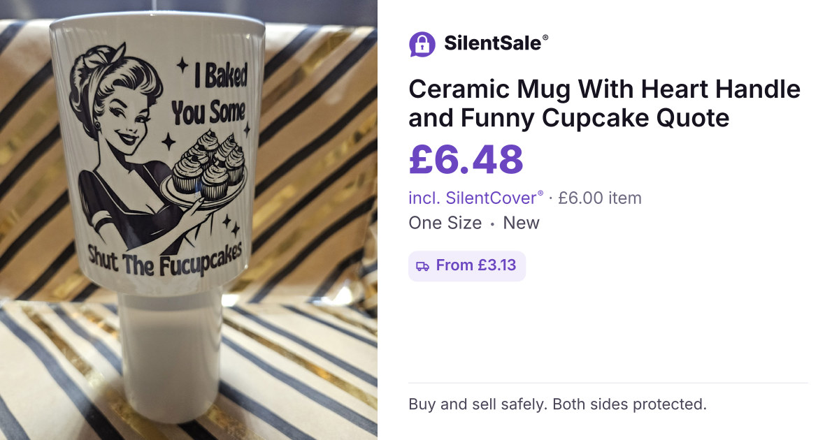 Ceramic Mug With Heart Handle and Funny Cupcake Quote
