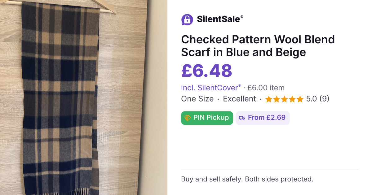 Checked Pattern Wool Blend Scarf in Blue and Beige