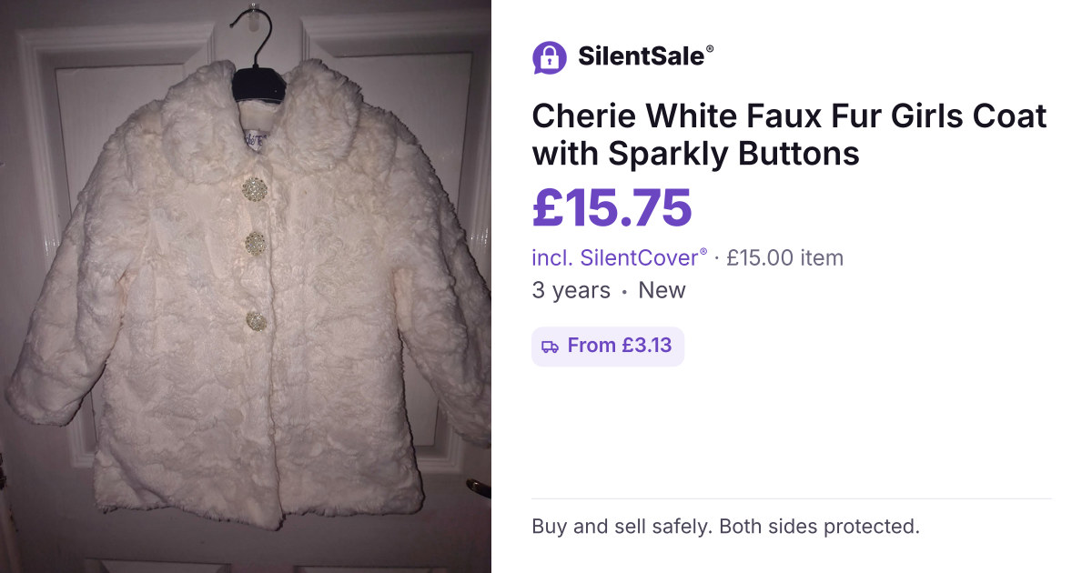Cherie White Faux Fur Girls Coat with Sparkly Buttons