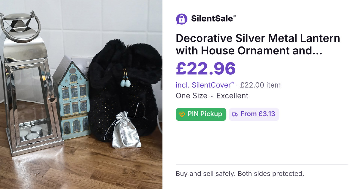 Decorative Silver Metal Lantern with House Ornament and Black Bag