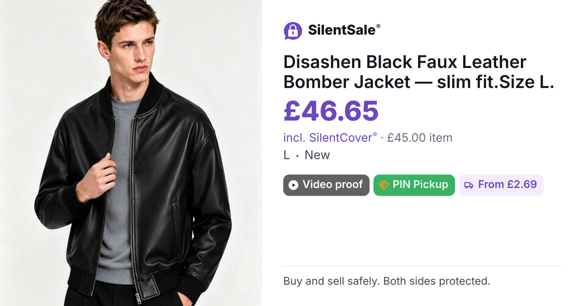 Disashen Black Faux Leather Bomber Jacket — slim fit.Size L.