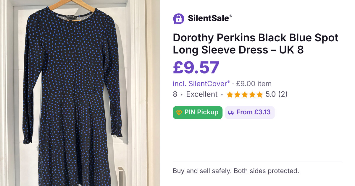 Dorothy Perkins Black Blue Spot Long Sleeve Dress – UK 8