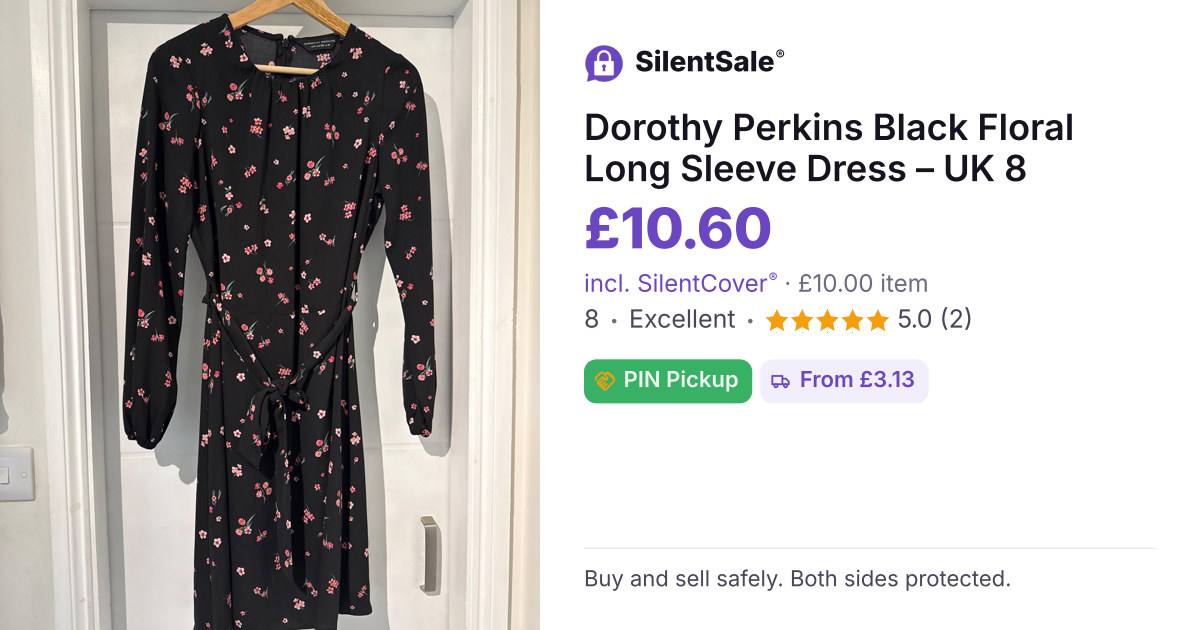 Dorothy Perkins Black Floral Long Sleeve Dress – UK 8