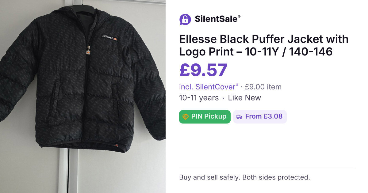 Ellesse Black Puffer Jacket with Logo Print – 10-11Y / 140-146