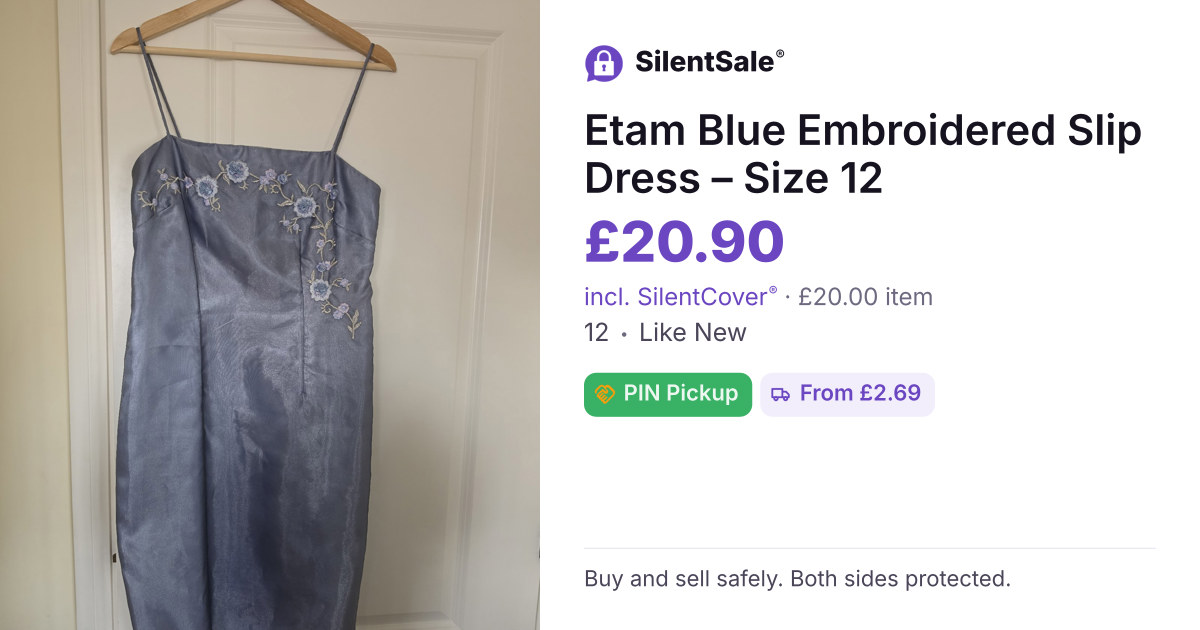 Etam Blue Embroidered Slip Dress – Size 12