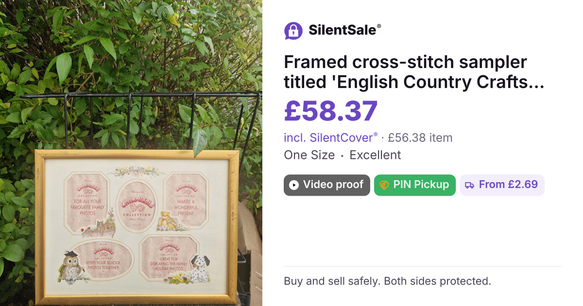 Framed cross-stitch sampler titled 'English Country Crafts Collection' by Glorafilia