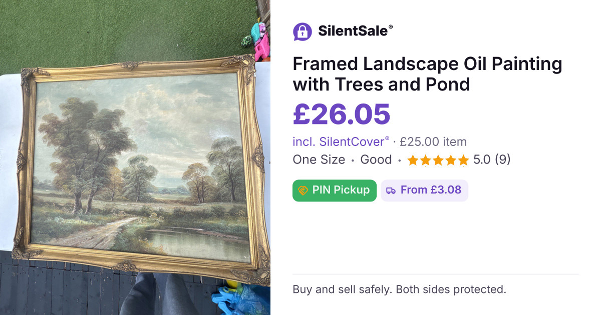 Framed Landscape Oil Painting with Trees and Pond