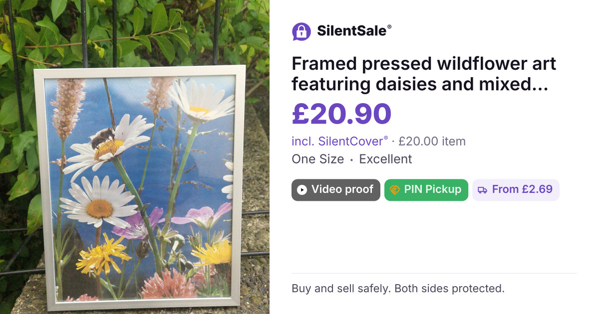 Framed pressed wildflower art featuring daisies and mixed meadow flowers