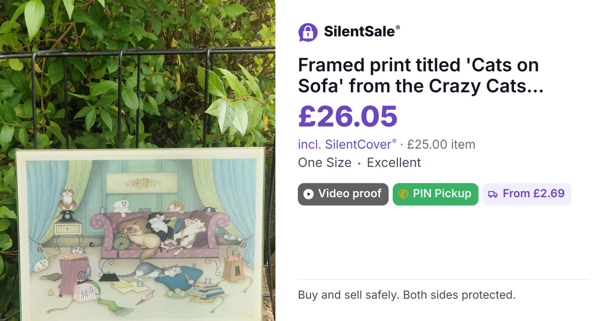 Framed print titled 'Cats on Sofa' from the Crazy Cats series by Linda Jane Smith