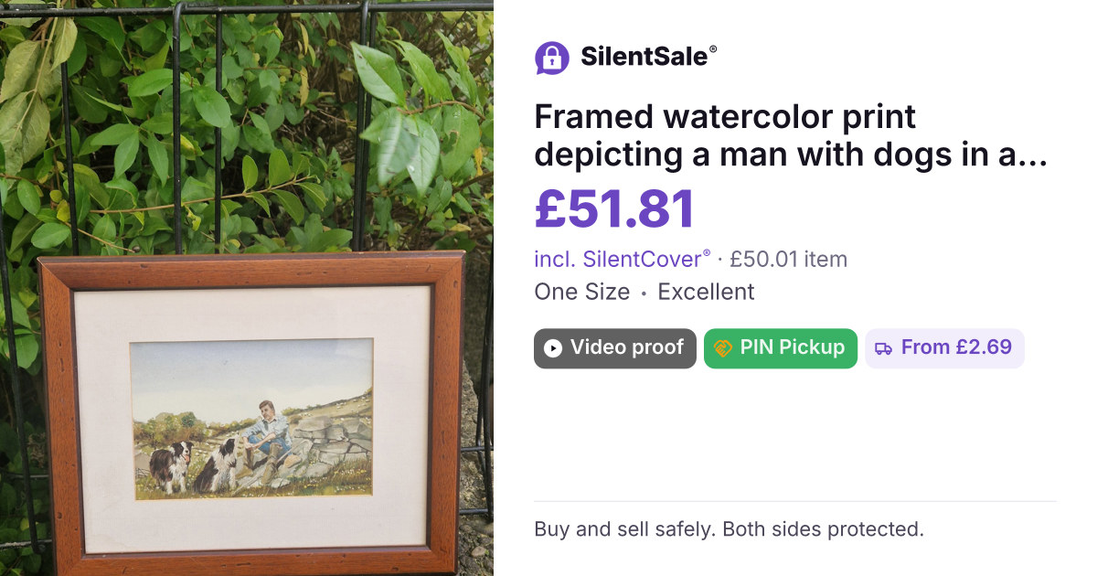 Framed watercolor print depicting a man with dogs in a pastoral landscape