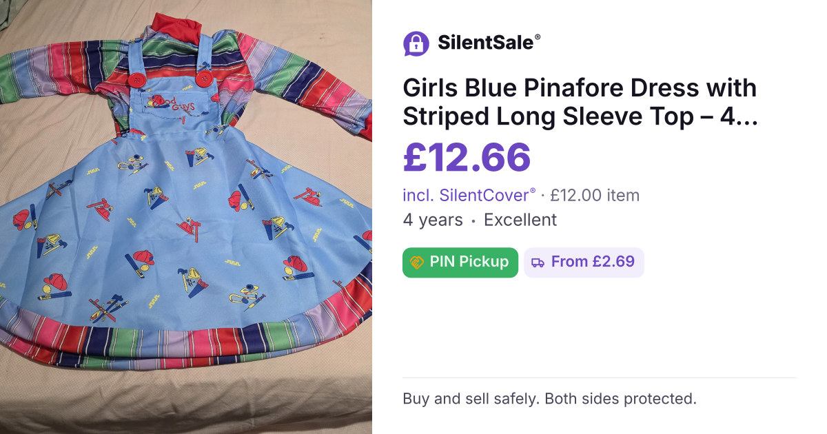 Girls Blue Pinafore Dress with Striped Long Sleeve Top – 4 years