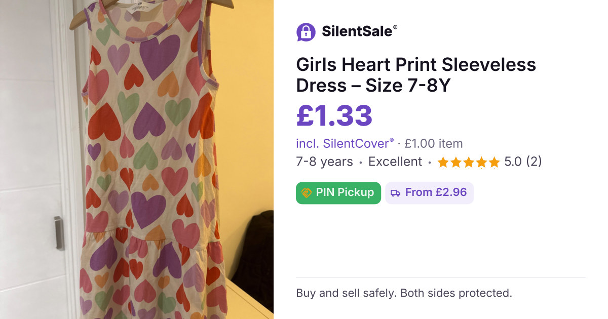 Girls Heart Print Sleeveless Dress – Size 7-8Y
