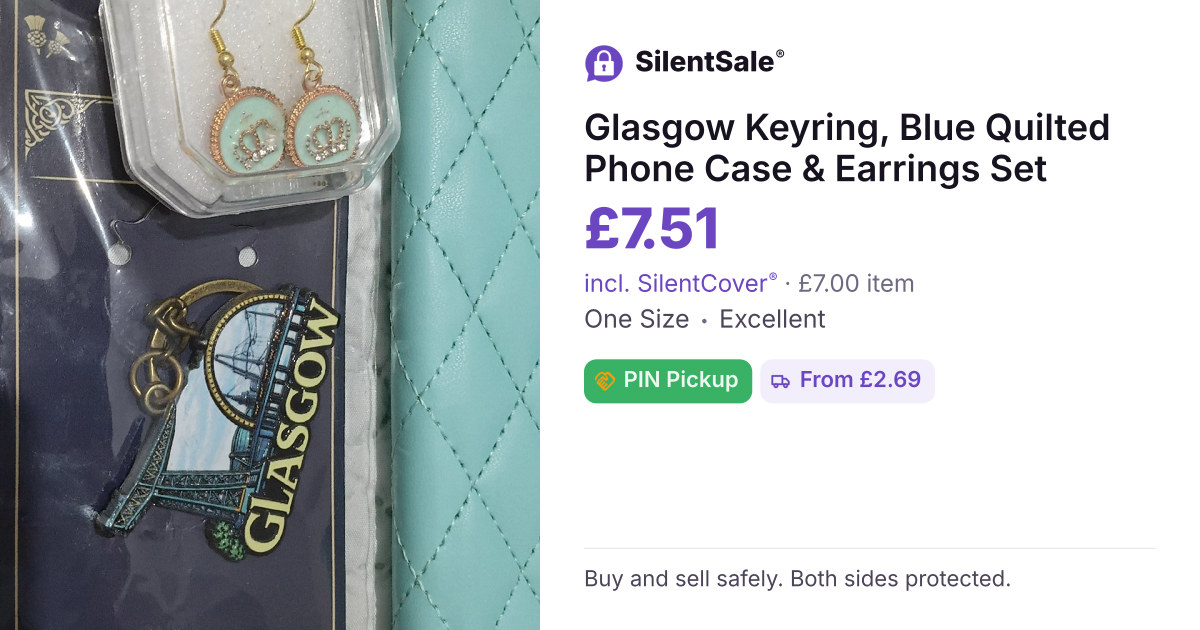 Glasgow Keyring, Blue Quilted Phone Case & Earrings Set