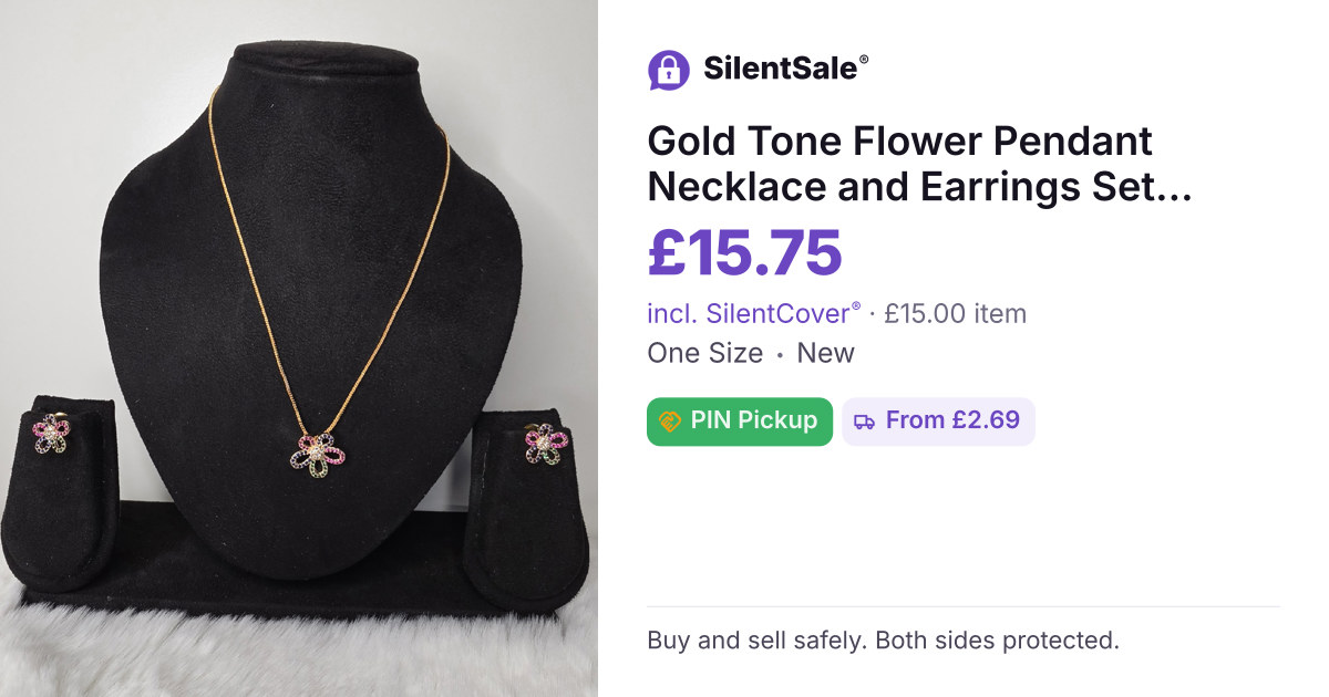 Gold Tone Flower Pendant Necklace and Earrings Set with Multicolour Stones
