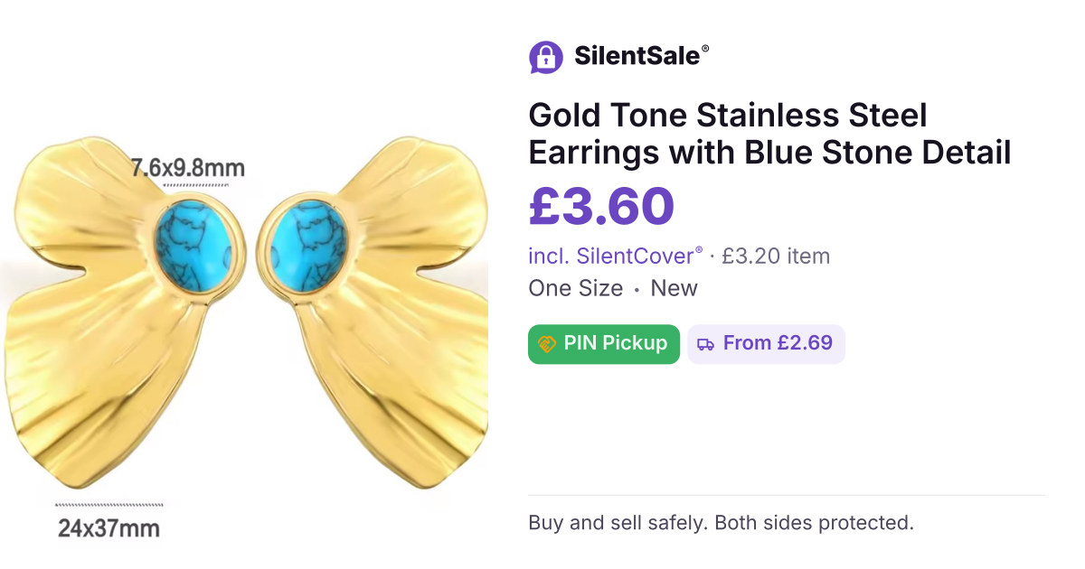 Gold Tone Stainless Steel Earrings with Blue Stone Detail
