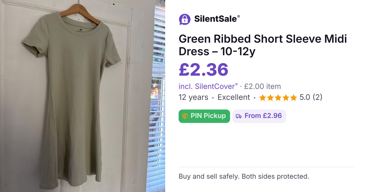 Green Ribbed Short Sleeve Midi Dress – 10-12y