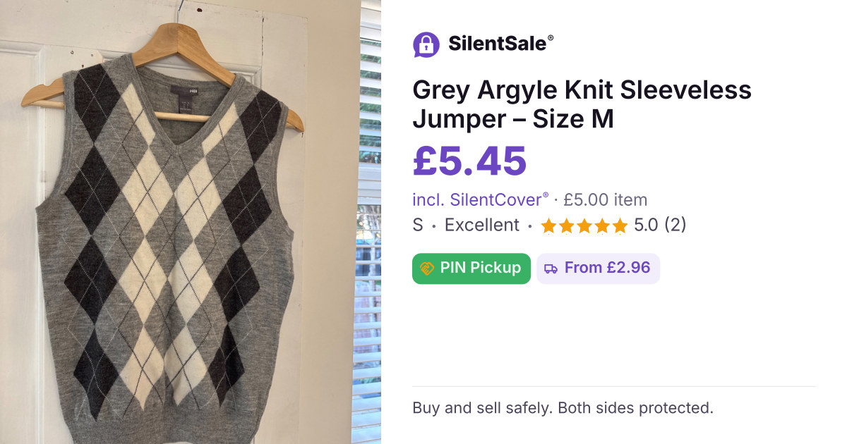 Grey Argyle Knit Sleeveless Jumper – Size M