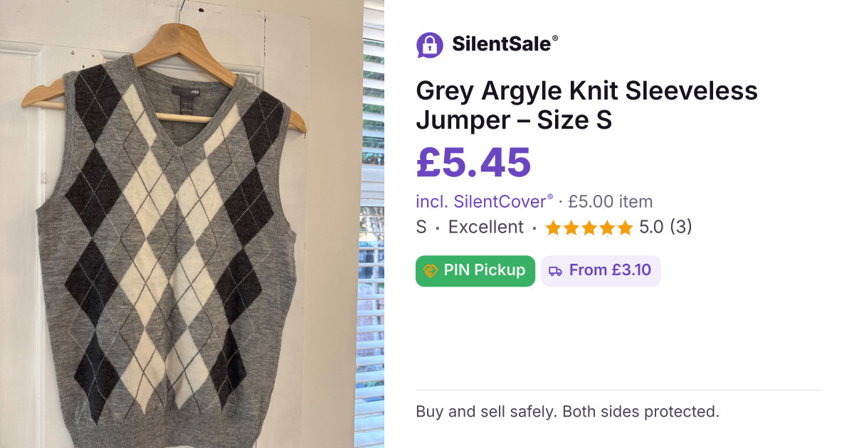 Grey Argyle Knit Sleeveless Jumper – Size S