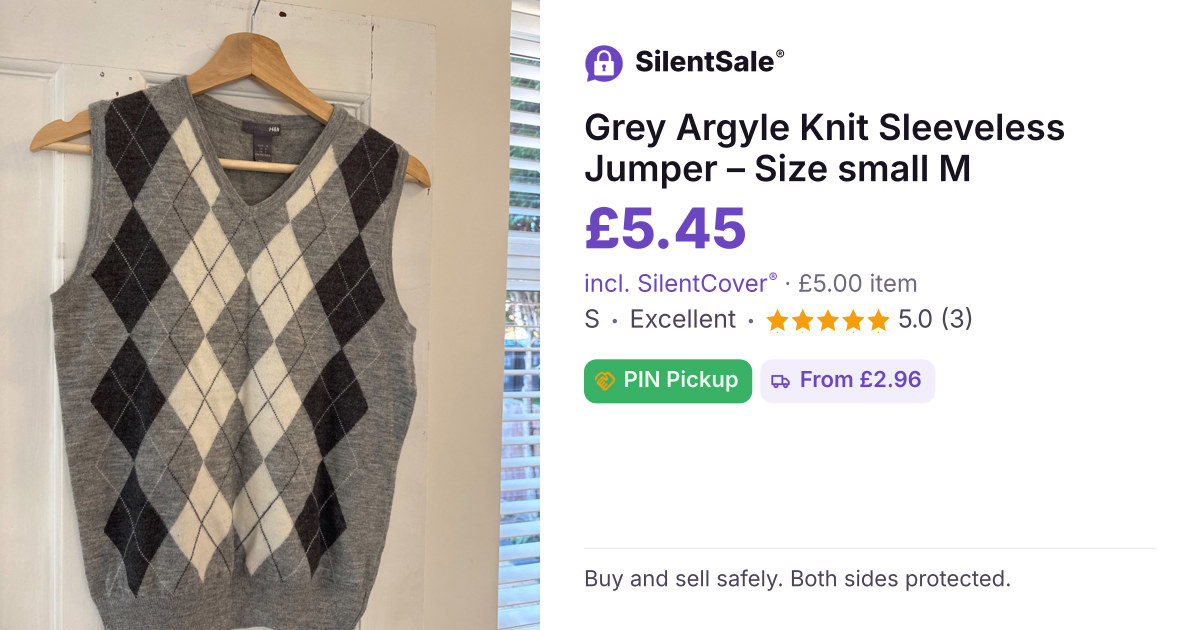 Grey Argyle Knit Sleeveless Jumper – Size small  M