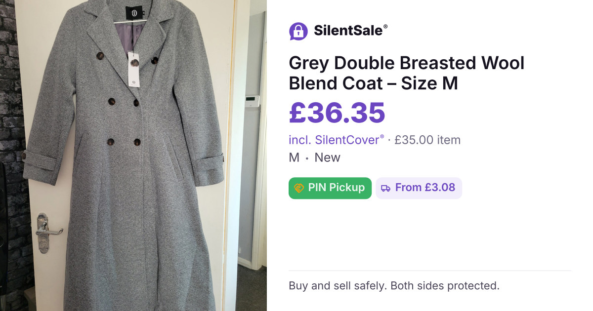 Grey Double Breasted Wool Blend Coat – Size M