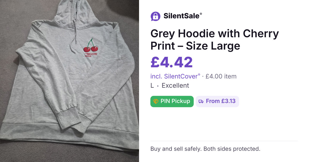 Grey Hoodie with Cherry Print – Size Large